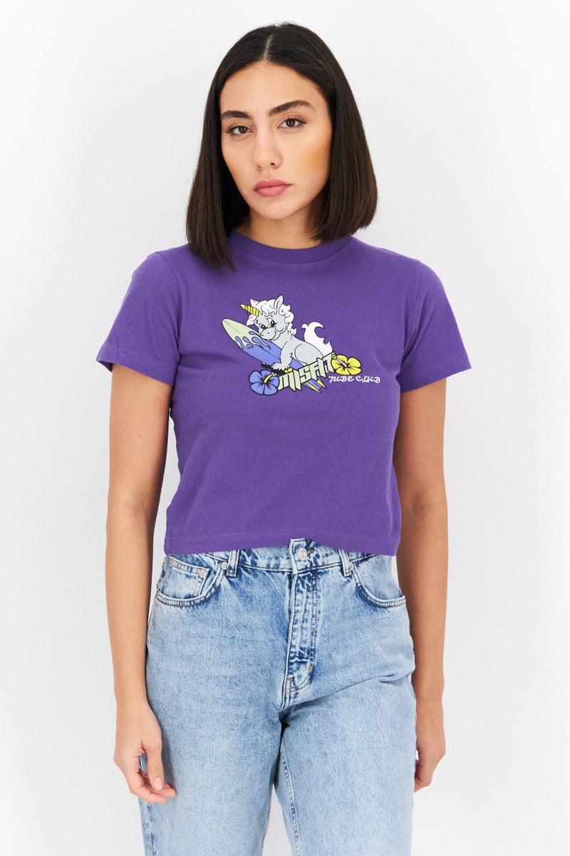 Misfit Women Crew Neck Short Sleeves Printed Cropped Top, Purple - Image 1