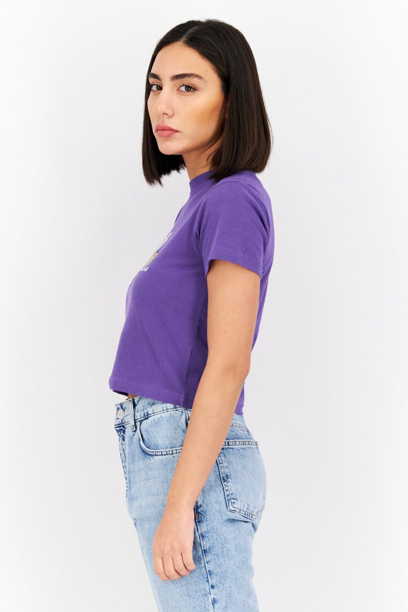 Misfit Women Crew Neck Short Sleeves Printed Cropped Top, Purple - Image 3