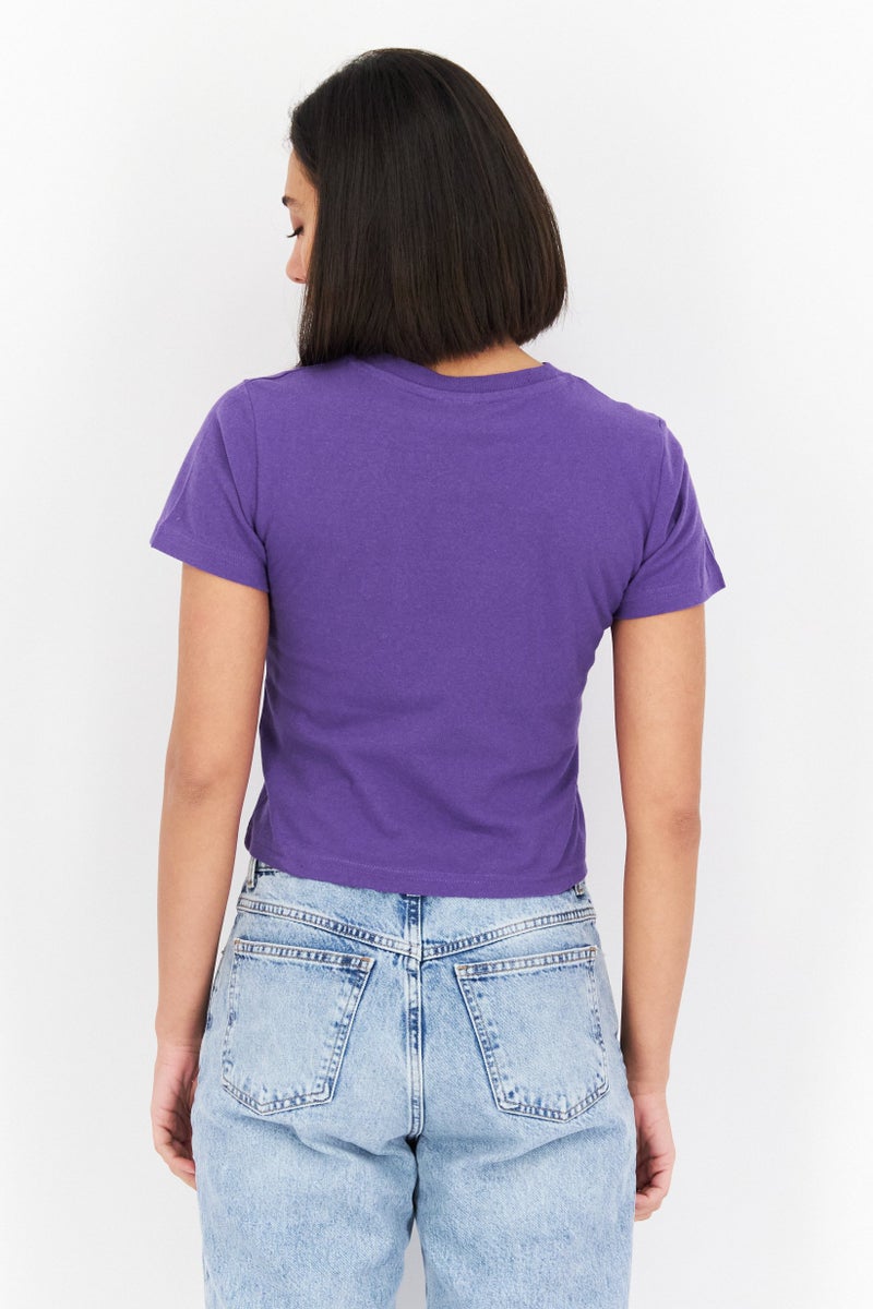 Misfit Women Crew Neck Short Sleeves Printed Cropped Top, Purple - Image 4