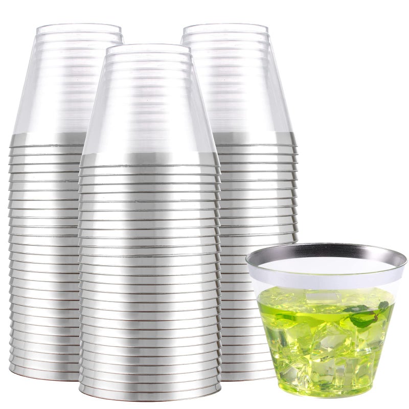 WELLIFE 200 Silver Plastic Cups 9OZ Elegant Clear Cups Disposable Hard Plastic Cups Ideal for Party Weddings