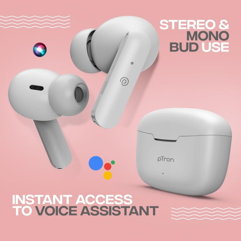 PTron Bassbuds Duo in-Ear Earbuds with 32Hrs Total Playtime, Bluetooth 5.1 Wireless Headphones, Stereo Audio, Touch Control TWS, Dual Mic, Type-C Fast Charging, IPX4 & Voice Assistance (White) - Image 5