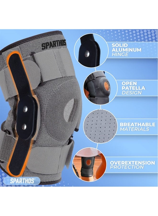 Sparthos - Hinged Knee Brace - Relieves ACL, MCL, Meniscus Tear, Arthritis, Tendon Pain - Open Patella Design with Dual Metal Side Stabilizers - Support for Running, For Men and Women (Large) - Image 1