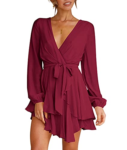 Cosonsen Womens Fall Dress Long Sleeve Deep V-Neck Tie Waist Ruffle Mini Dresses Burgundy S - Image 4