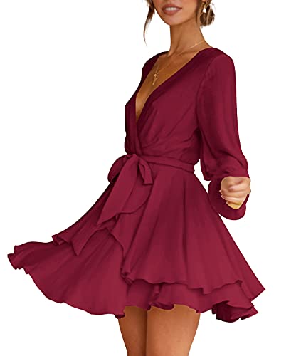 Cosonsen Womens Fall Dress Long Sleeve Deep V-Neck Tie Waist Ruffle Mini Dresses Burgundy S - Image 2