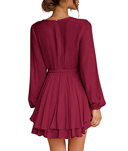 Cosonsen Womens Fall Dress Long Sleeve Deep V-Neck Tie Waist Ruffle Mini Dresses Burgundy S - Image 3