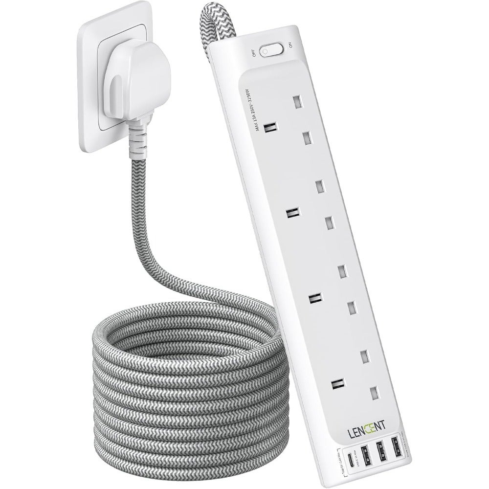 Extension Lead With USB C Port 4 Way Outlets Power Strip Home Office Use Black High Performance