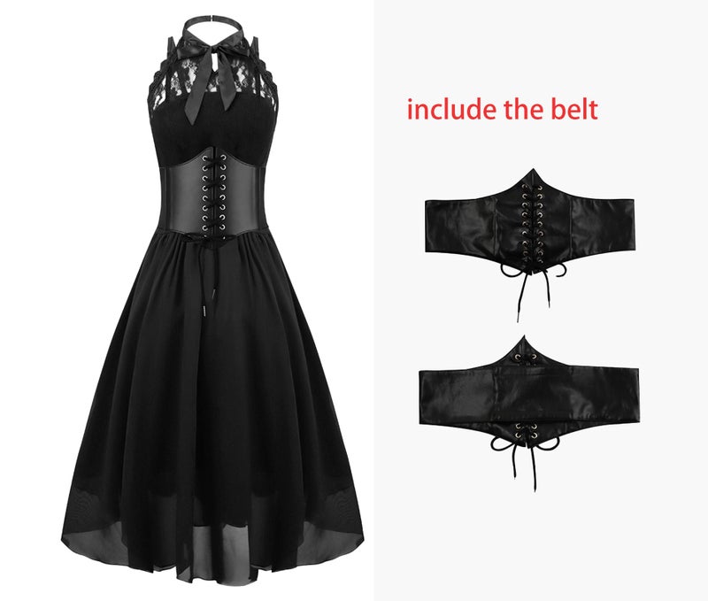 GOLDSTITCH Women's Sleeveless Gothic Lace Dress with Corset Halter Lace Swing Cocktail Dress - Image 4