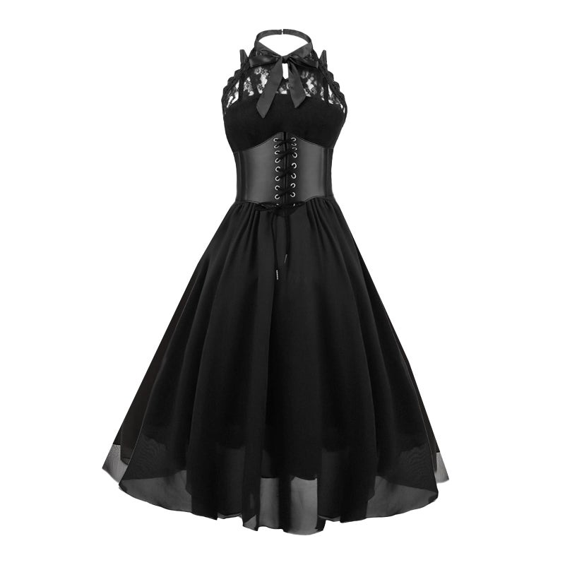 GOLDSTITCH Women's Sleeveless Gothic Lace Dress with Corset Halter Lace Swing Cocktail Dress - Image 1