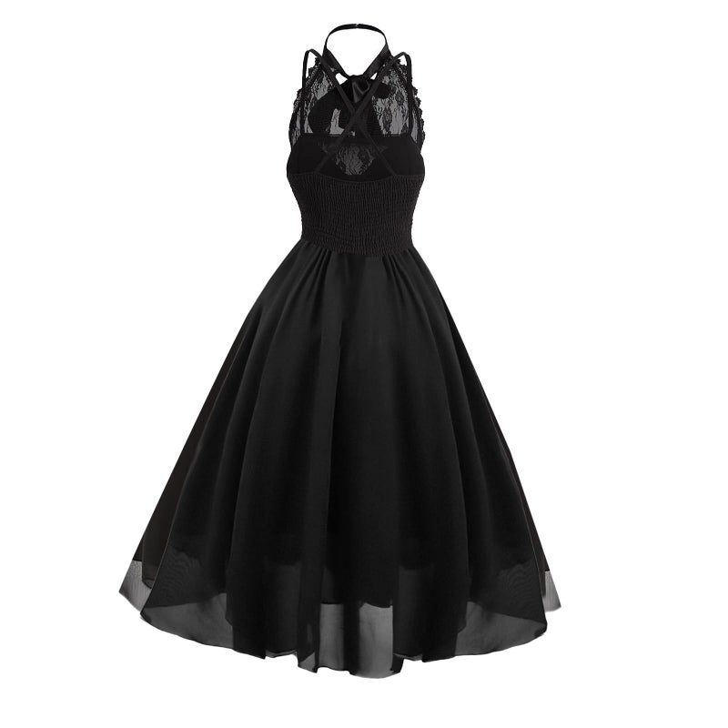GOLDSTITCH Women's Sleeveless Gothic Lace Dress with Corset Halter Lace Swing Cocktail Dress - Image 3
