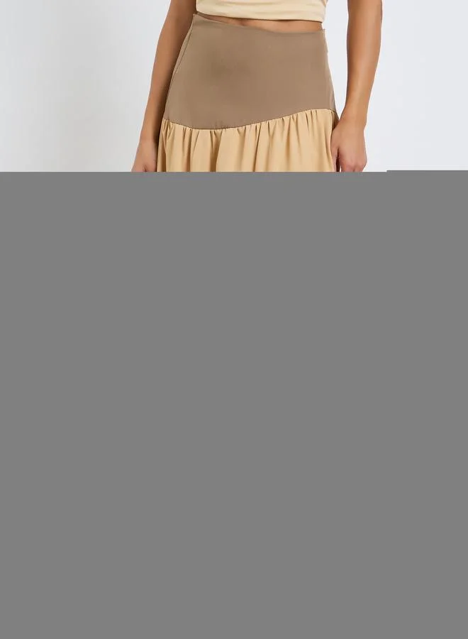 Styli Women Khaki Color Block A-Line Maxi Skirt