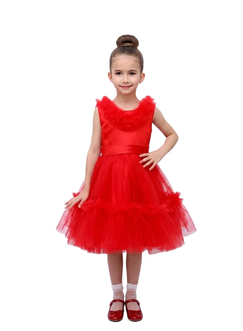 Bidani Girls' Tiered Tulle Ruffle Dress - Red