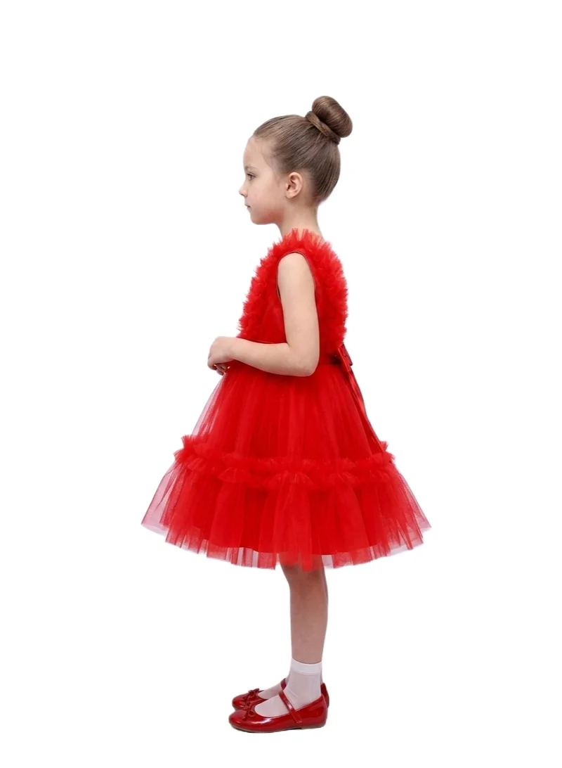 Bidani Girls' Tiered Tulle Ruffle Dress - Red