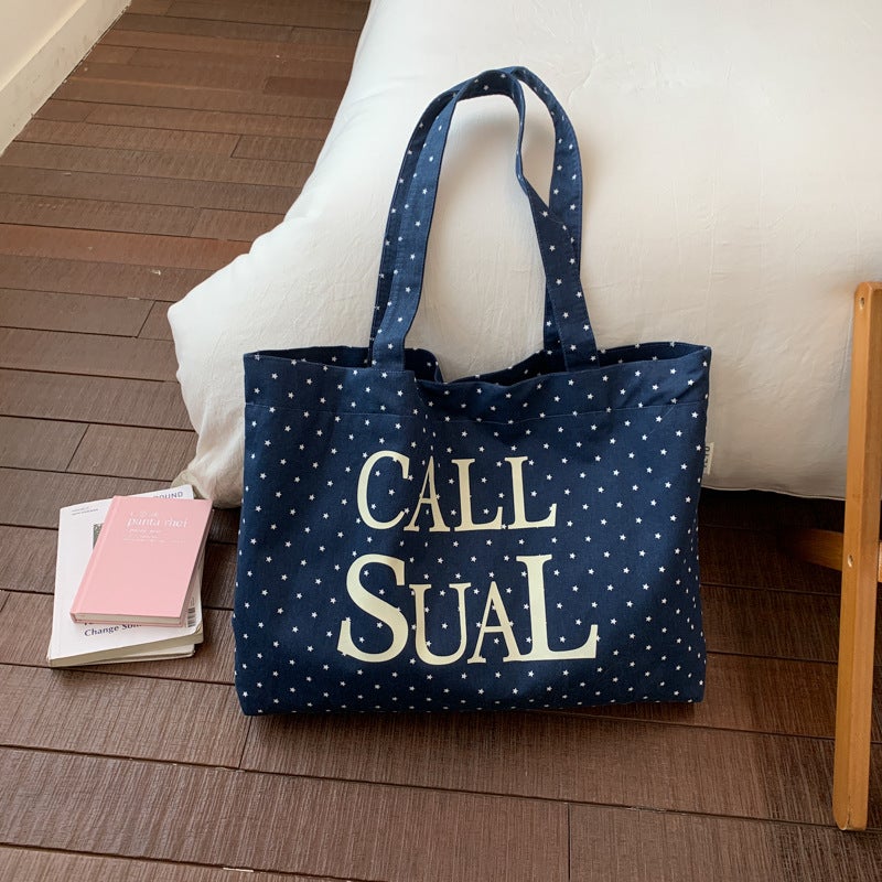 Korean-style Polka Dot Canvas Shoulder Bag for Women - Image 2