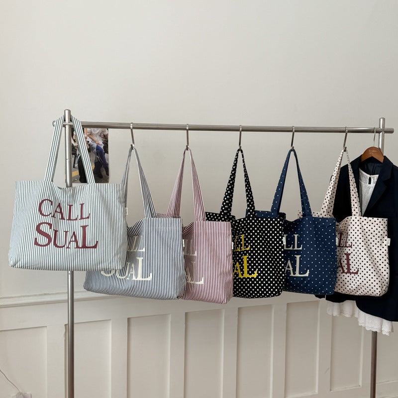 Korean-style Polka Dot Canvas Shoulder Bag for Women - Image 3