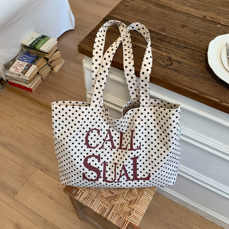 Korean-style Polka Dot Canvas Shoulder Bag for Women - Image 1