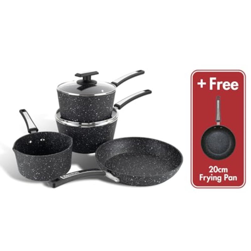 Xtra 4+1 Piece Cookware Set, Non Stick Pans Set, NEVERSTICK Coated, 16cm Milk Pan, 18/20cm Saucepans with Lids, 20/24cm Frying Pans, Suitable for All Hobs, Aluminium, Black [Amazon Exclusive] - Image 1