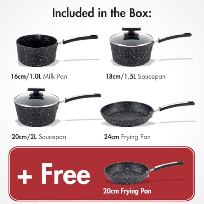 Xtra 4+1 Piece Cookware Set, Non Stick Pans Set, NEVERSTICK Coated, 16cm Milk Pan, 18/20cm Saucepans with Lids, 20/24cm Frying Pans, Suitable for All Hobs, Aluminium, Black [Amazon Exclusive] - Image 4