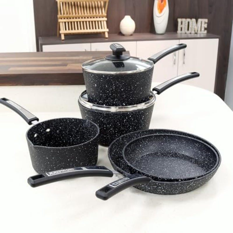 Xtra 4+1 Piece Cookware Set, Non Stick Pans Set, NEVERSTICK Coated, 16cm Milk Pan, 18/20cm Saucepans with Lids, 20/24cm Frying Pans, Suitable for All Hobs, Aluminium, Black [Amazon Exclusive] - Image 3