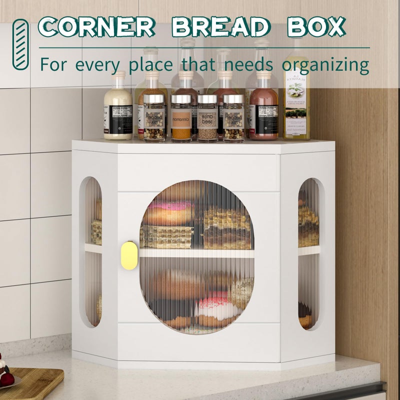 TQQDCI Corner Bread Box for Kitchen Countertop, Large Wooden Bread Box, Double Layer Bread Storage Bin, Bamboo Breadbox for Homemade Bread, Farmhouse Kitchen Organizer with Acrylic Window, White - Image 2