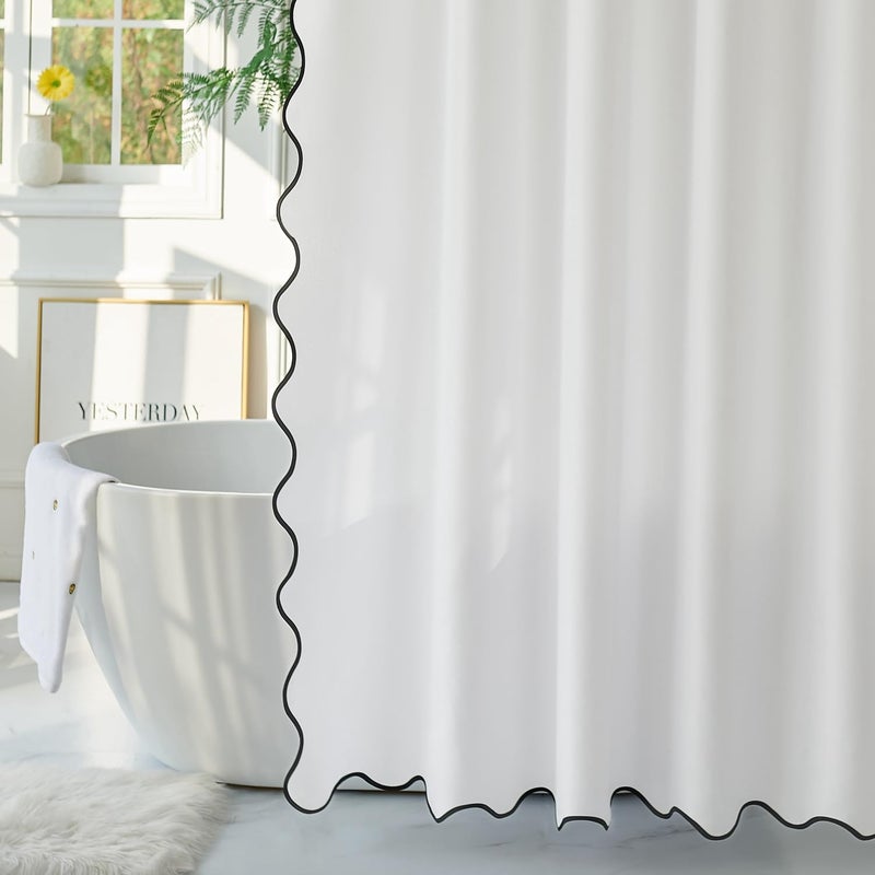 youngseahome نسيج يونغسوم أبيض مع ستارة دش حدودية أسود أسقلوب بوهو ستارة دش أنيقة للاستحمام الحمام 72 × 72 بوصة - Image 4