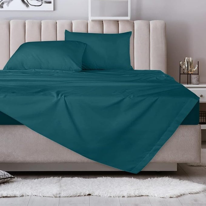 BRAND UMI FLAT DOUBLE BED BEDSHEET SOFT BRUSHED MICROFIBER FABRIC SHRINKAGE FADE RESISTANT TOP SHEET EASY CARE 1 KING SIZE BEDSHEET AND 2 PILLOW COVERS 92X102 INCHES TEAL