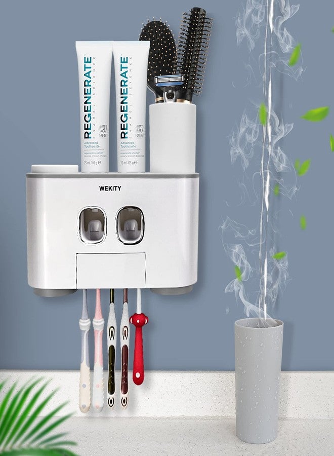 Wekity Toothbrush Holder Wall Mounted, WEKITY Multi-Functional Toothbrush and Toothpaste Dispenser for Bathroom, with 5 Toothbrush Slots, 2 Toothpaste Squeezers and 4 Cups(Grey) - Image 5