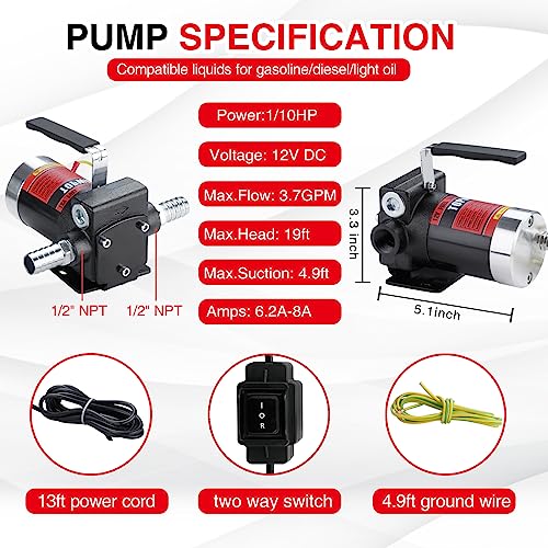 TOPWAY مضخة وقود بنزين TOPWAY 12V DC 3.7GPM ذاتية التحضير مع مقبض، مضخة عكسية، حماية من الحرارة الزائدة، مضادة للانفجار، مع تجاوز مدمج، لإزالة وقود البنزين والديزل والكيروسين - Image 3