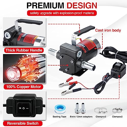 TOPWAY مضخة وقود بنزين TOPWAY 12V DC 3.7GPM ذاتية التحضير مع مقبض، مضخة عكسية، حماية من الحرارة الزائدة، مضادة للانفجار، مع تجاوز مدمج، لإزالة وقود البنزين والديزل والكيروسين - Image 2