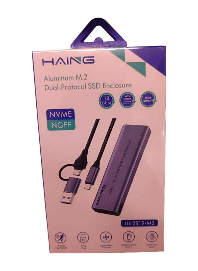 Haing حاوية SSD مزدوجة البروتوكول من الألمنيوم M.2، USB 3.1 نوع-C إلى NVMe و NGFF SATA، 10Gbps حالة خارجية عالية السرعة - Image 3