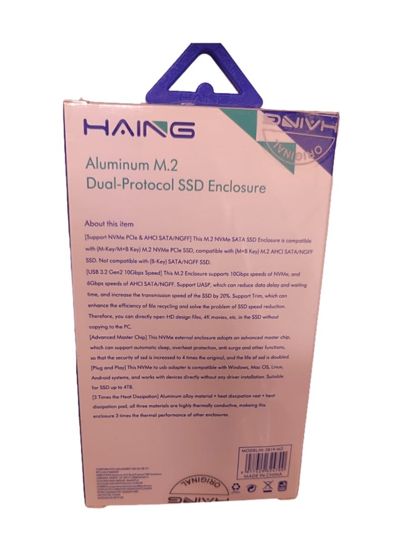 Haing حاوية SSD مزدوجة البروتوكول من الألمنيوم M.2، USB 3.1 نوع-C إلى NVMe و NGFF SATA، 10Gbps حالة خارجية عالية السرعة - Image 4