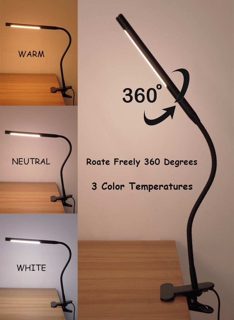 LED Desk Lamp with Clamp, Reading Light with 360° Rotating Angel, 3 Lighting Color and Brightness Dimmer Light, Flexible Gooseneck Metal USB Clip Light, Bedroom and Office Home Lighting - Image 3
