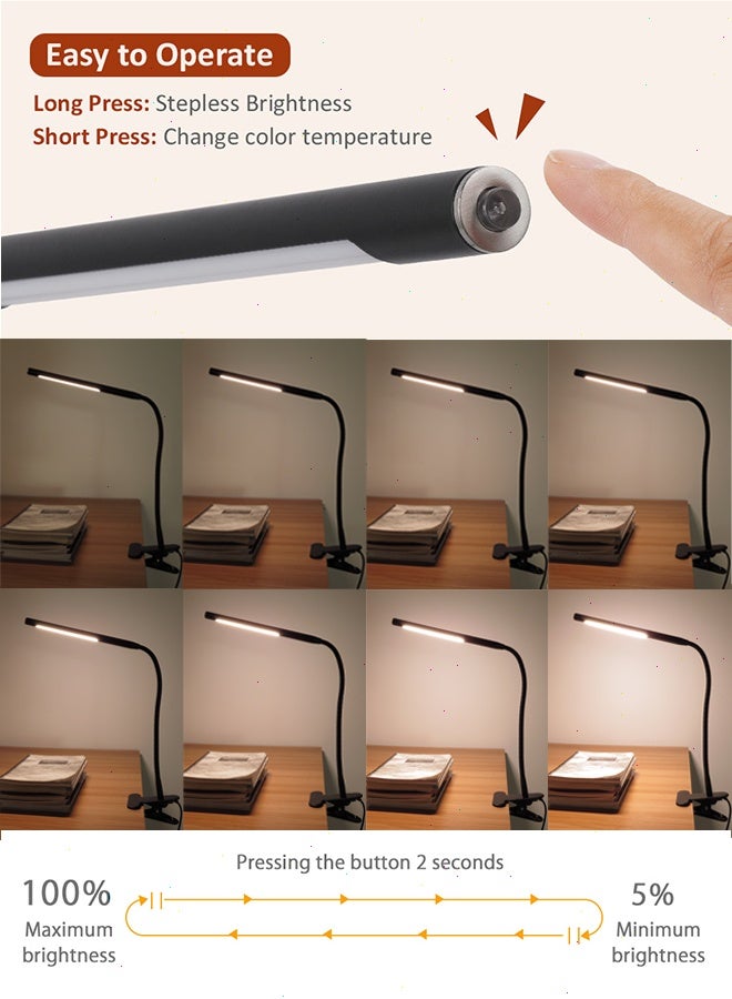 LED Desk Lamp with Clamp, Reading Light with 360° Rotating Angel, 3 Lighting Color and Brightness Dimmer Light, Flexible Gooseneck Metal USB Clip Light, Bedroom and Office Home Lighting - Image 4