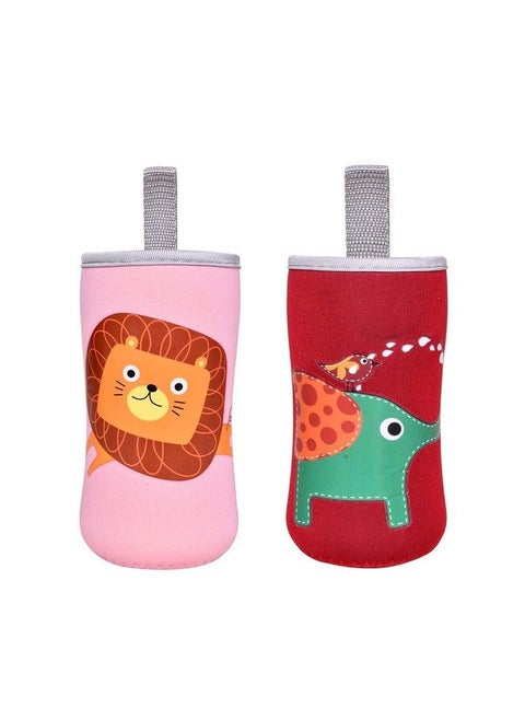 Baby Feeding Bottle Covers Cute Animated Patterned & Soft Stretchable With Easy To Hold Strap For 120Ml 150Ml 240Ml (Lion & Elephant Pack Of 2)