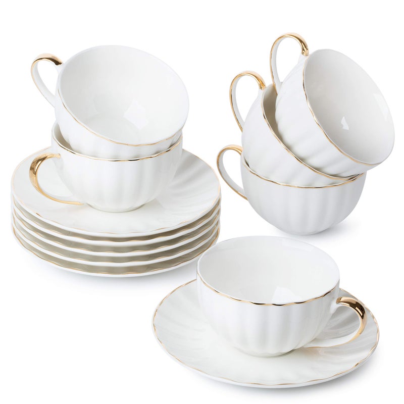 Brew To A Tea BTaT White Tea Cups and Saucers Set of 6 7 oz Porcelain White Tea Cup Set with Golden Trim Design Dishwasher Safe