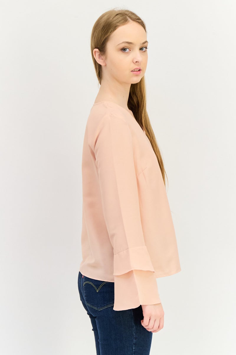VERO MODA I Scenery By Vero Moda Women V-Neck Bell Sleeve Solid Blouse, Peach - Image 2