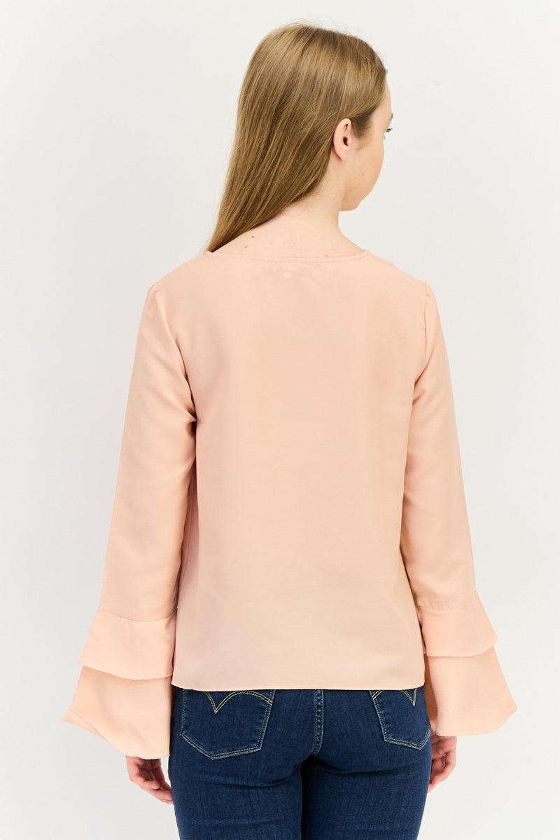 VERO MODA I Scenery By Vero Moda Women V-Neck Bell Sleeve Solid Blouse, Peach - Image 3