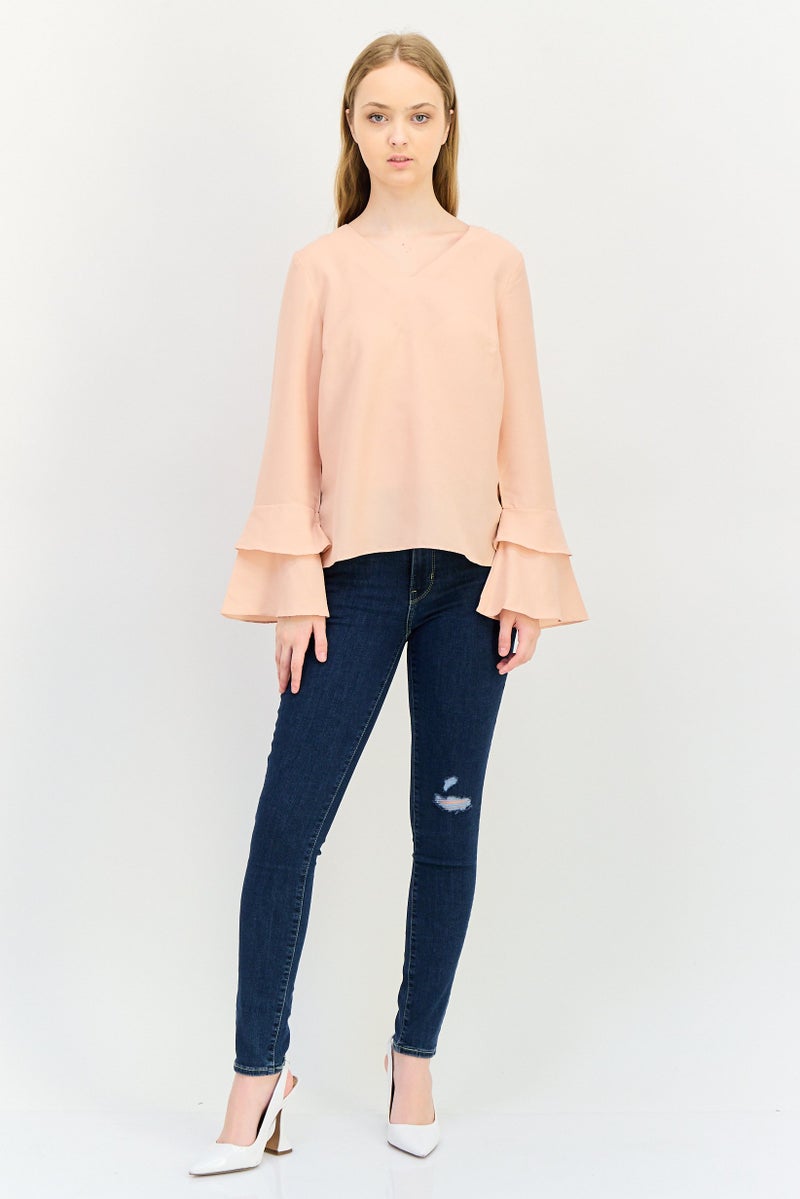 VERO MODA I Scenery By Vero Moda Women V-Neck Bell Sleeve Solid Blouse, Peach - Image 4