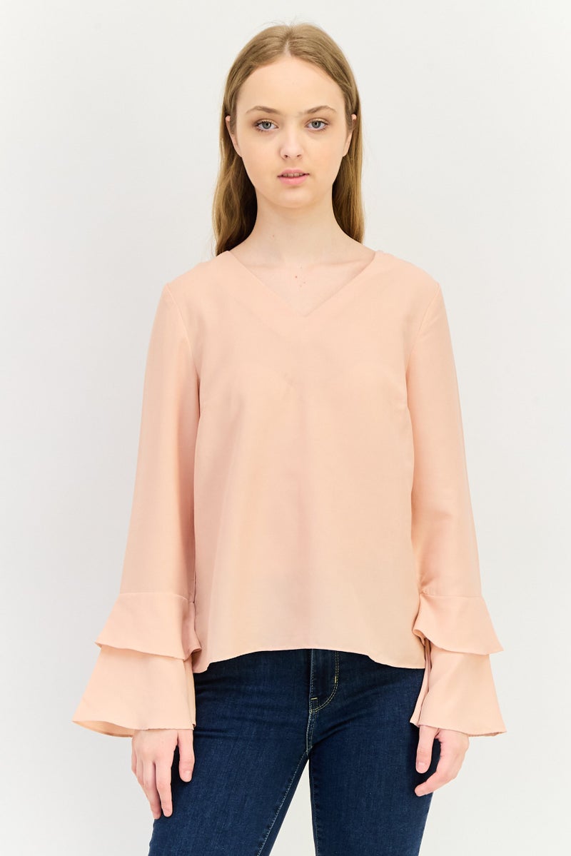 VERO MODA I Scenery By Vero Moda Women V-Neck Bell Sleeve Solid Blouse, Peach - Image 1