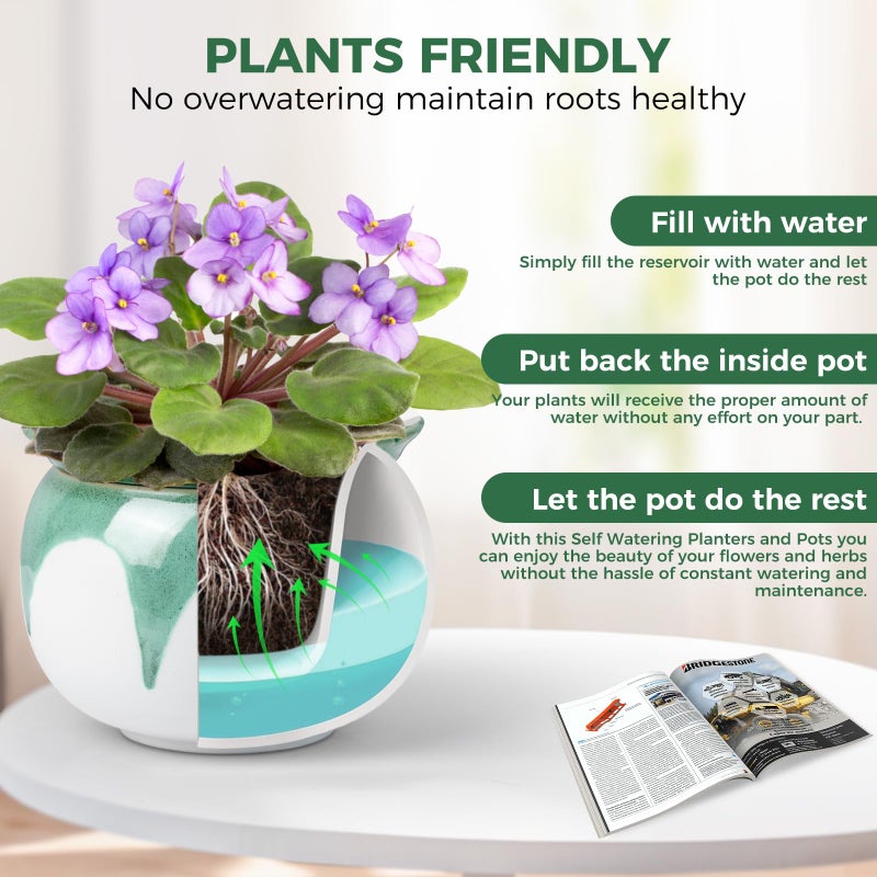 Buymax African Violet Pots  6 Inch Ceramic Easy Self Watering Plant Pot For Busy Plant Lovers  Automatically Absorb Appropriate Amount Of Water  Flower Pot Indoor-Plants Not Included(Green) - Image 2