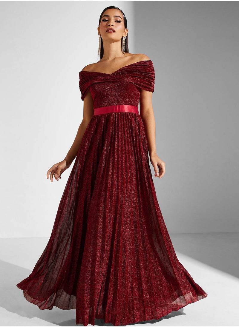 Goddiva - Belted Bardot Plisse Dress - Image 1