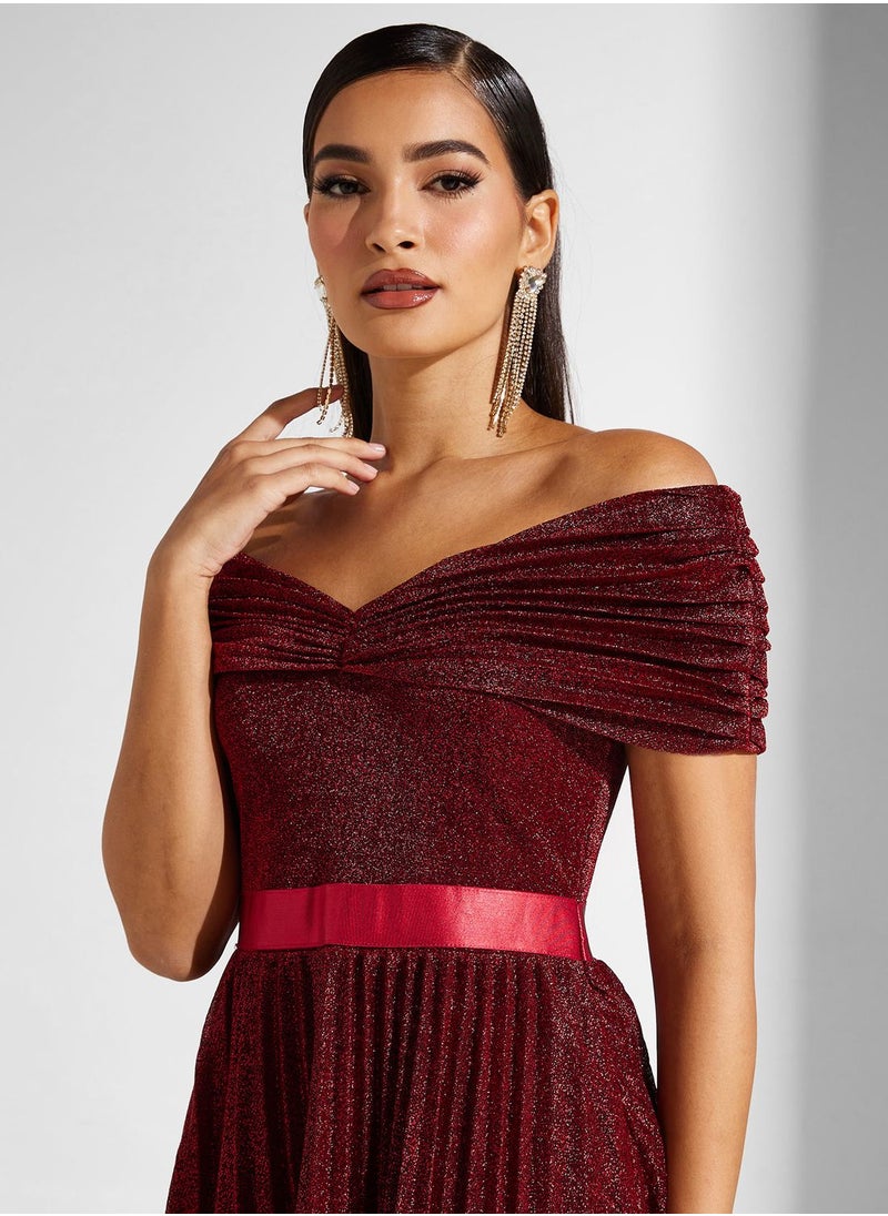 Goddiva - Belted Bardot Plisse Dress - Image 1
