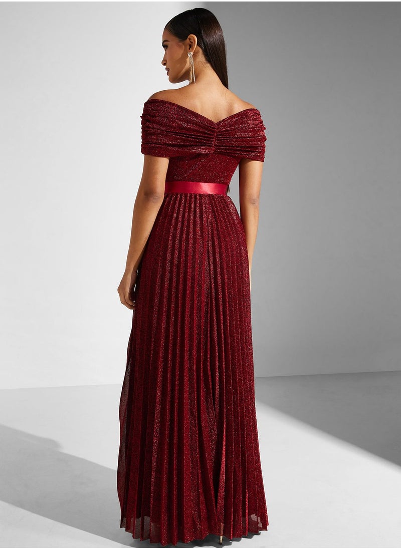 Goddiva - Belted Bardot Plisse Dress - Image 1