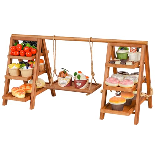 Whiidoom Cupcake Stand 3 Tier Wood Cupcake Display Stand with Swing Dessert Table Display Set with Serving Tray for Dessert Display for Party Wedding Farmhouse Decor Brown