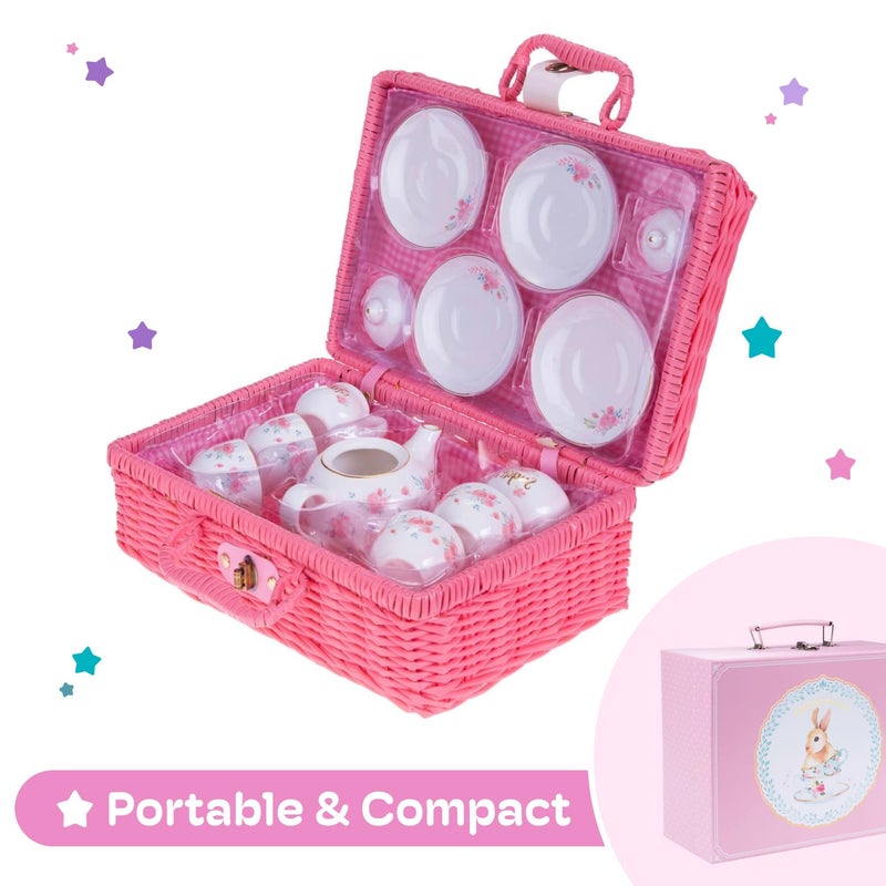 JewelKeeper Porcelain Tea Set for Girls - Pink Ceramic Tea Cups with Pink Box - Glass Toy for Kids Party - Ideal Gift for Toddlers and Children's Ages 3 Years Old - Floral Design, 13 Pieces - Image 5