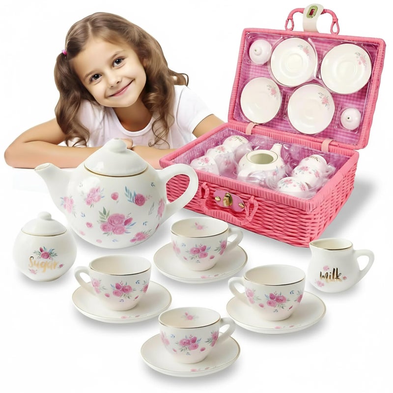 JewelKeeper Porcelain Tea Set for Girls - Pink Ceramic Tea Cups with Pink Box - Glass Toy for Kids Party - Ideal Gift for Toddlers and Children's Ages 3 Years Old - Floral Design, 13 Pieces - Image 1