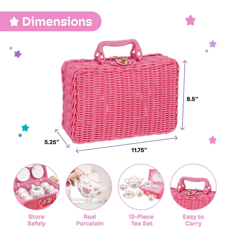 JewelKeeper Porcelain Tea Set for Girls - Pink Ceramic Tea Cups with Pink Box - Glass Toy for Kids Party - Ideal Gift for Toddlers and Children's Ages 3 Years Old - Floral Design, 13 Pieces - Image 3