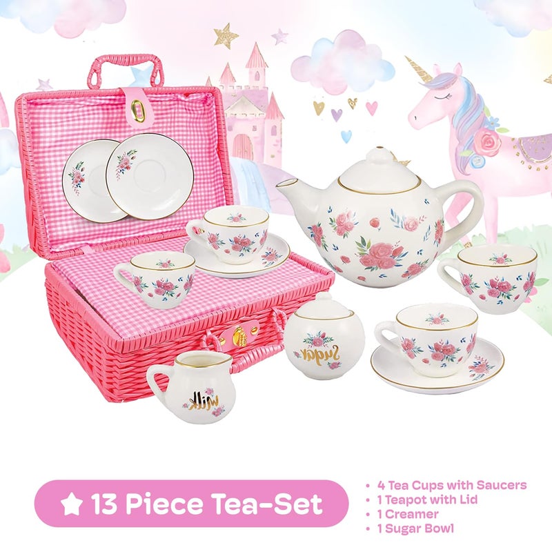 JewelKeeper Porcelain Tea Set for Girls - Pink Ceramic Tea Cups with Pink Box - Glass Toy for Kids Party - Ideal Gift for Toddlers and Children's Ages 3 Years Old - Floral Design, 13 Pieces - Image 4