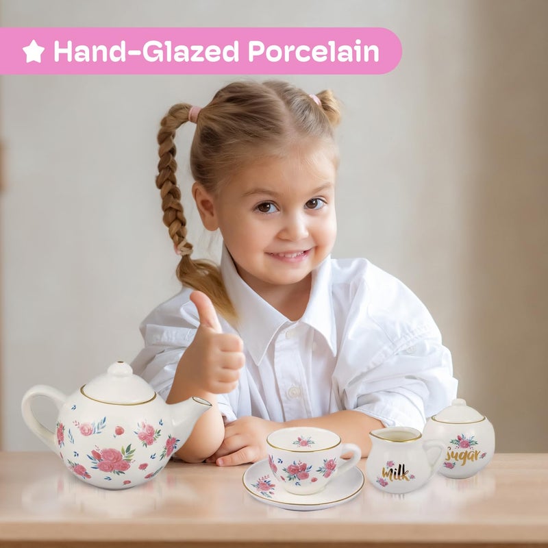 JewelKeeper Porcelain Tea Set for Girls - Pink Ceramic Tea Cups with Pink Box - Glass Toy for Kids Party - Ideal Gift for Toddlers and Children's Ages 3 Years Old - Floral Design, 13 Pieces - Image 2