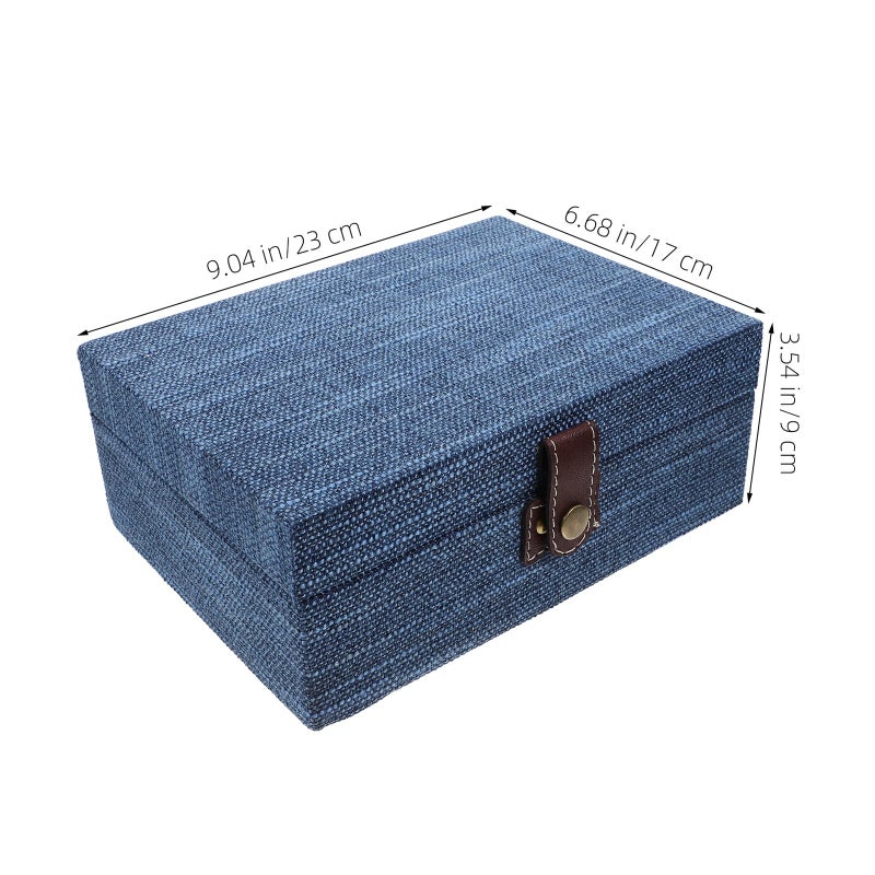 Large Blue Linen Texture Wooden Jewelry Box Organizer with Lid for Bracelets Storage - Image 3