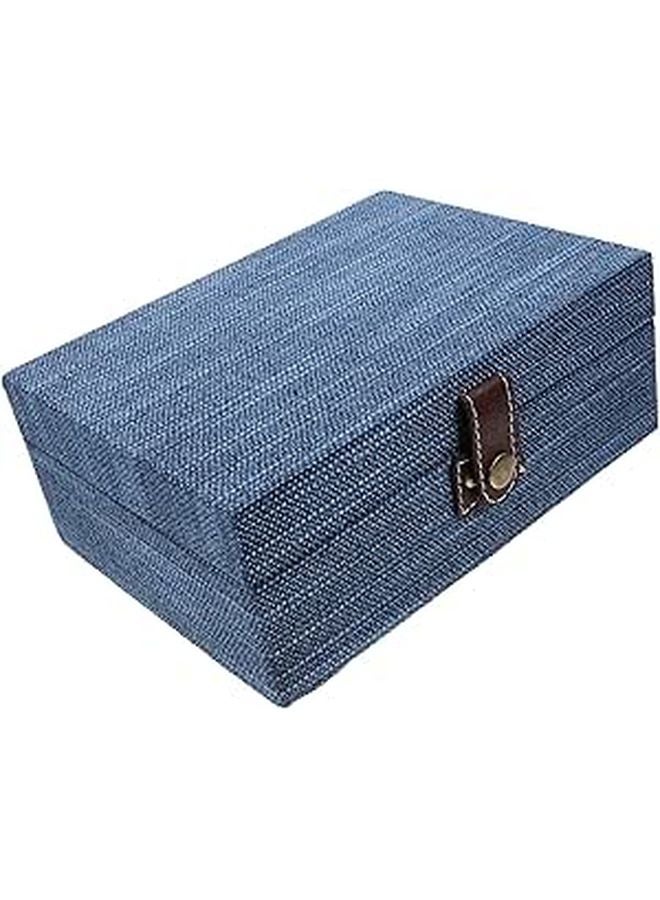 Large Blue Linen Texture Wooden Jewelry Box Organizer with Lid for Bracelets Storage - Image 1